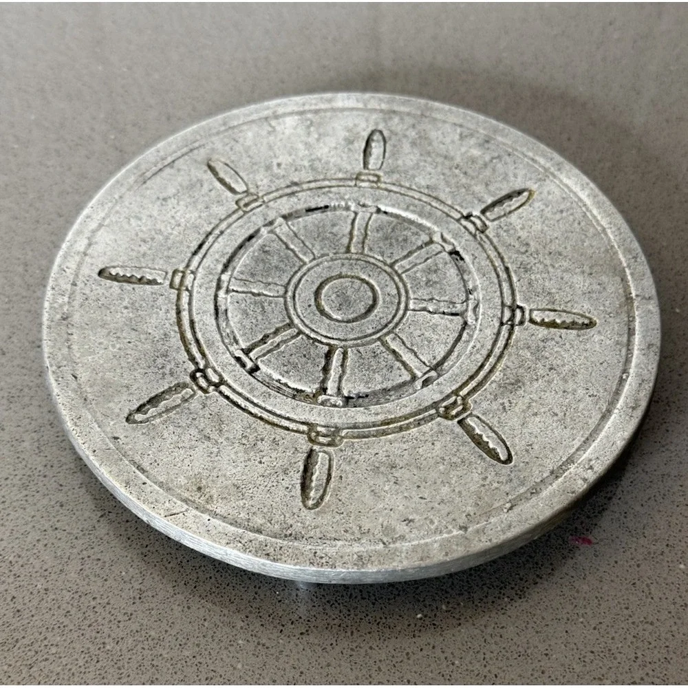 Vintage Colonial York Pewtarex Aluminum Trivet Ships Wheel Nautical Helm MCM USA